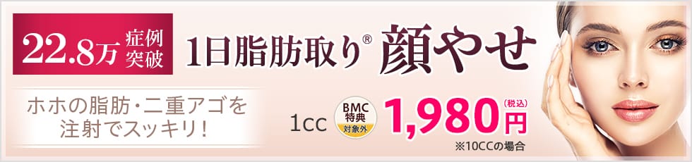 症例数22.8万件突破 1日脂肪取り® 顔やせ ホホの脂肪・二重アゴを注射でスッキリ！