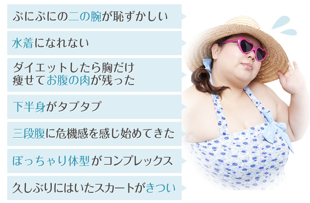 ぷにぷにの二の腕が恥ずかしい 水着になれない ダイエットしたら胸だけ痩せてお腹の肉が残った 下半身がタプタプ 三段腹に危機感を感じ始めてきた ぽっちゃり体型がコンプレックス 久しぶりにはいたスカートがきつい